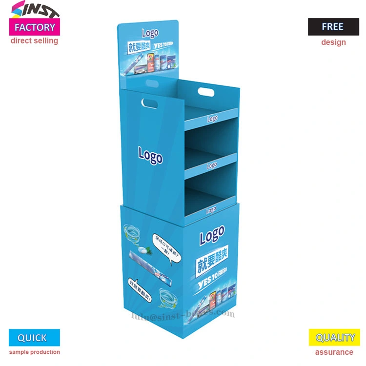 Corrugated cardboard display stand with tiered product shelves